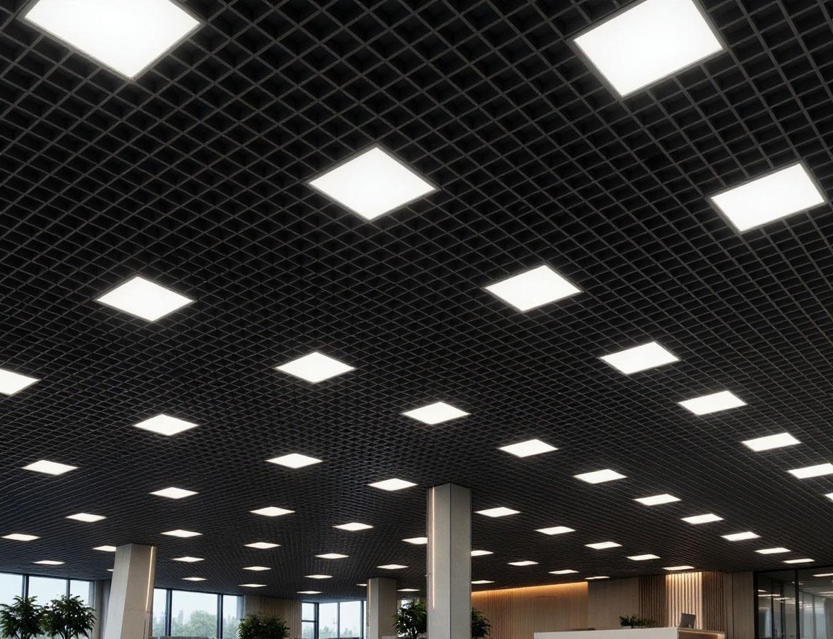Потолок Грильято 120×120 мм, графит, в интерьере