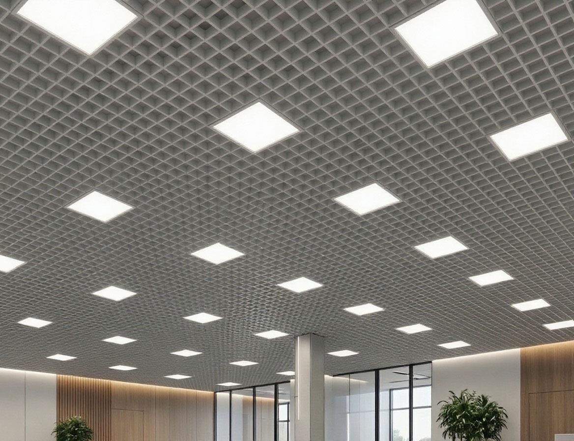 Потолок Грильято 120×120 мм, металлик матовый, в интерьере