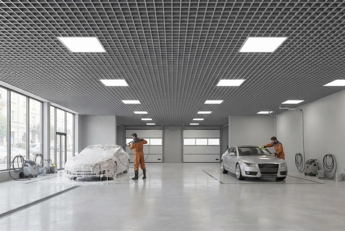 Автомойка автосалона с потолком Грильято 100×100 мм, металлик серебристый