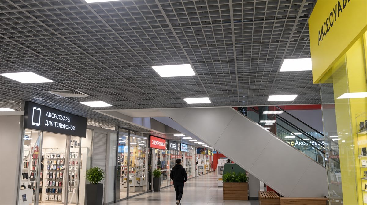 Потолок Грильято и светильники в торговой галерее